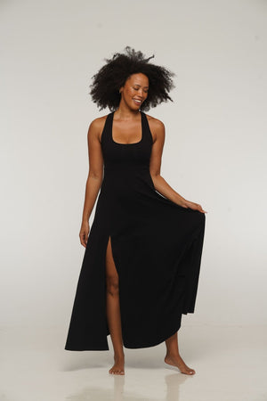 Otta Maxi Dress A - Line with Split Tri - Back Thick Strap in Black - Manners London