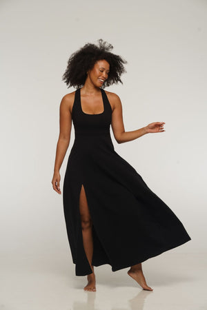 Otta Maxi Dress A - Line with Split Tri - Back Thick Strap in Black - Manners London