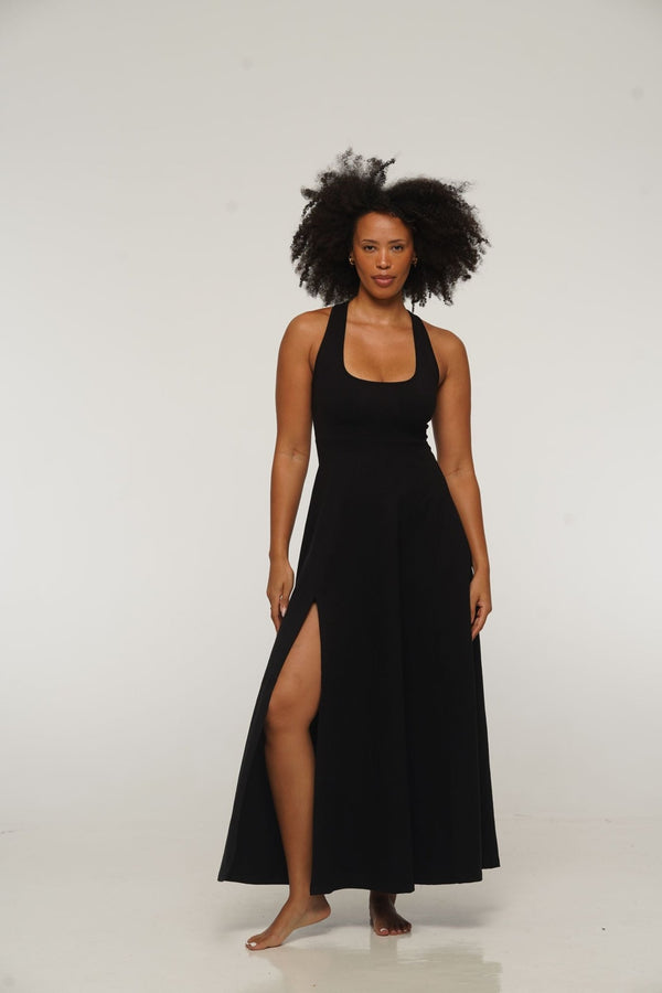 Otta Maxi Dress A - Line with Split Tri - Back Thick Strap in Black - Manners London