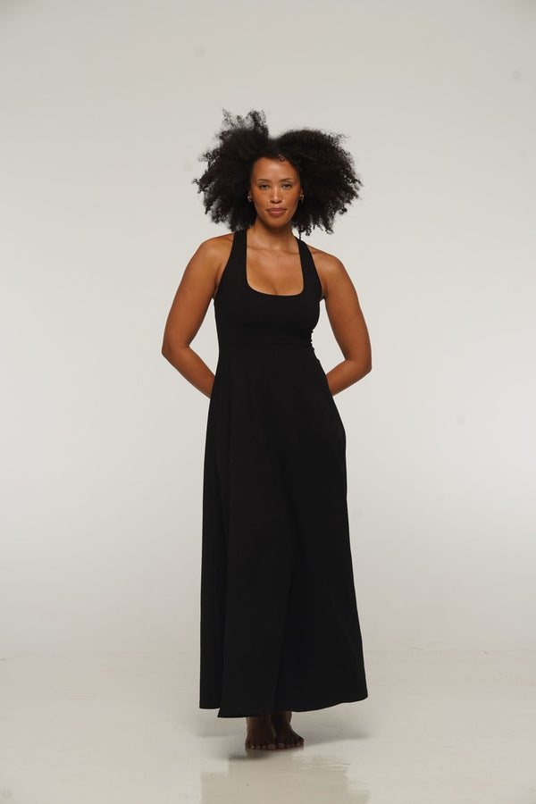 Otta Maxi Dress A - Line with Split Tri - Back Thick Strap in Black - Manners London
