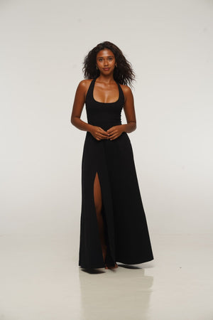 Otta Maxi Dress A - Line with Split Tri - Back Thick Strap in Black - Manners London