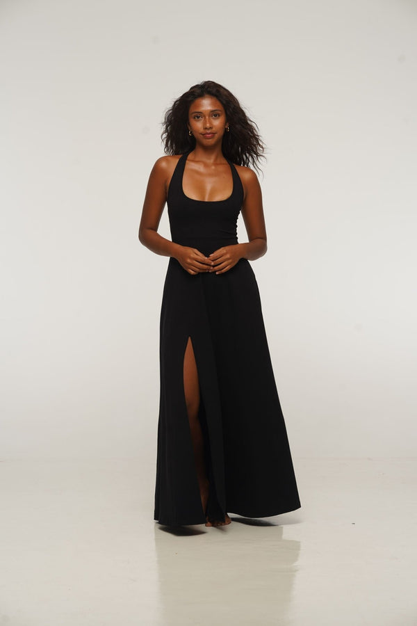 Otta Maxi Dress A - Line with Split Tri - Back Thick Strap in Black - Manners London