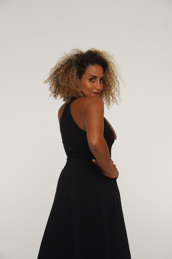 Otta Midi Dress A - Line with Split Tri - Back Thick Strap in Black - Manners London