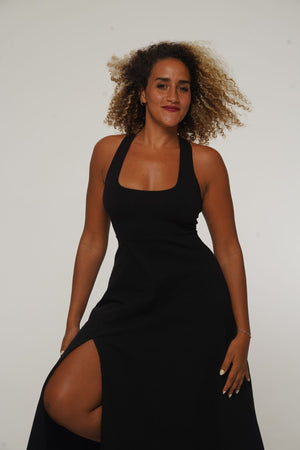 Otta Midi Dress A - Line with Split Tri - Back Thick Strap in Black - Manners London