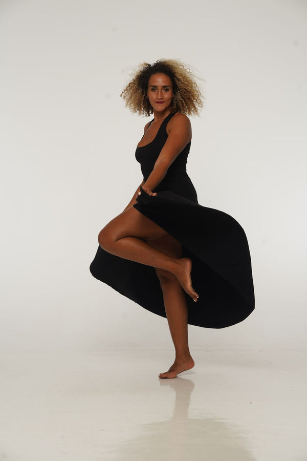 Otta Midi Dress A - Line with Split Tri - Back Thick Strap in Black - Manners London