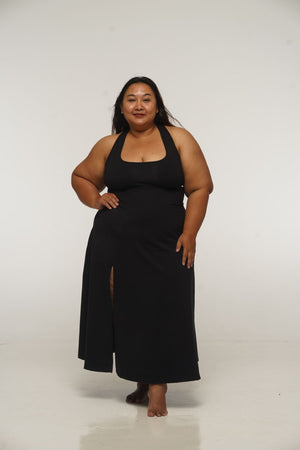 Otta Midi Dress A - Line with Split Tri - Back Thick Strap in Black - Manners London