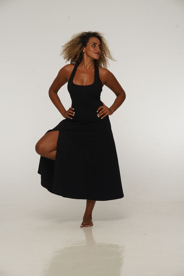 Otta Midi Dress A - Line with Split Tri - Back Thick Strap in Black - Manners London