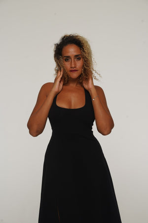 Otta Midi Dress A - Line with Split Tri - Back Thick Strap in Black - Manners London