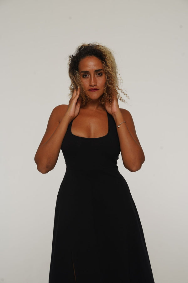 Otta Midi Dress A - Line with Split Tri - Back Thick Strap in Black - Manners London