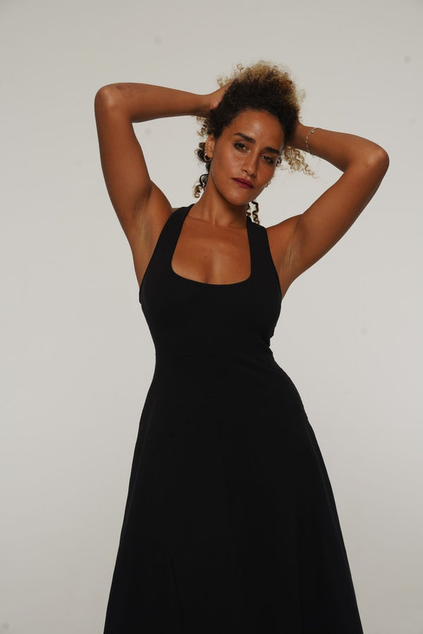 Otta Midi Dress A - Line with Split Tri - Back Thick Strap in Black - Manners London