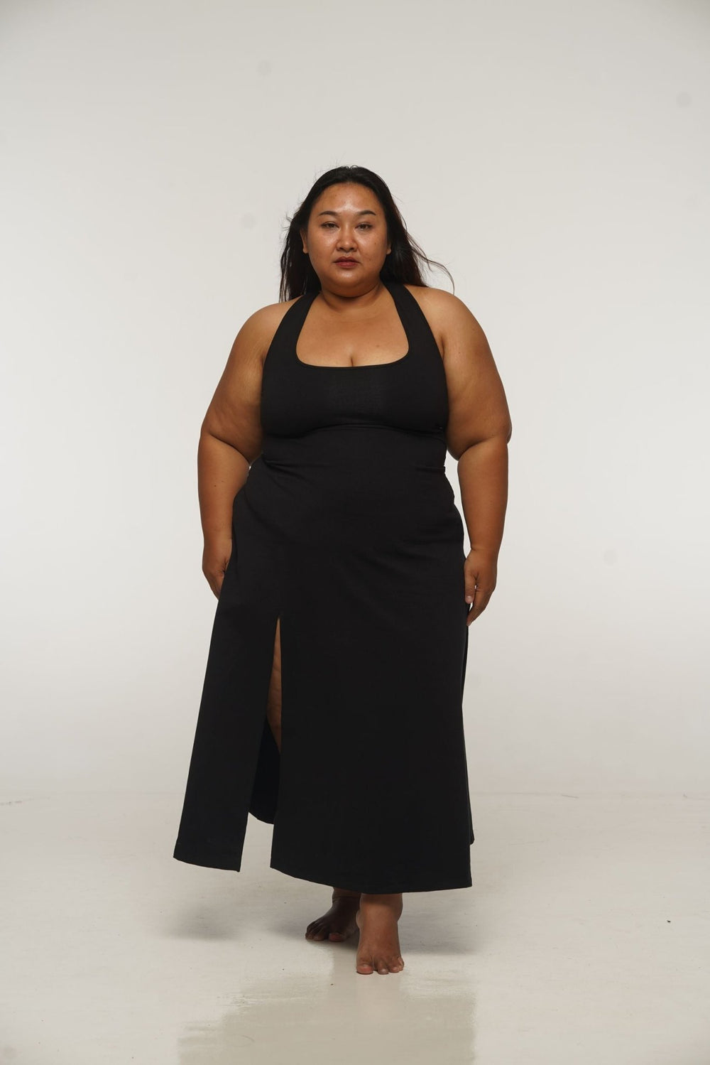 Otta Midi Dress A - Line with Split Tri - Back Thick Strap in Black - Manners London