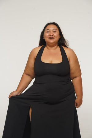 Otta Midi Dress A - Line with Split Tri - Back Thick Strap in Black - Manners London