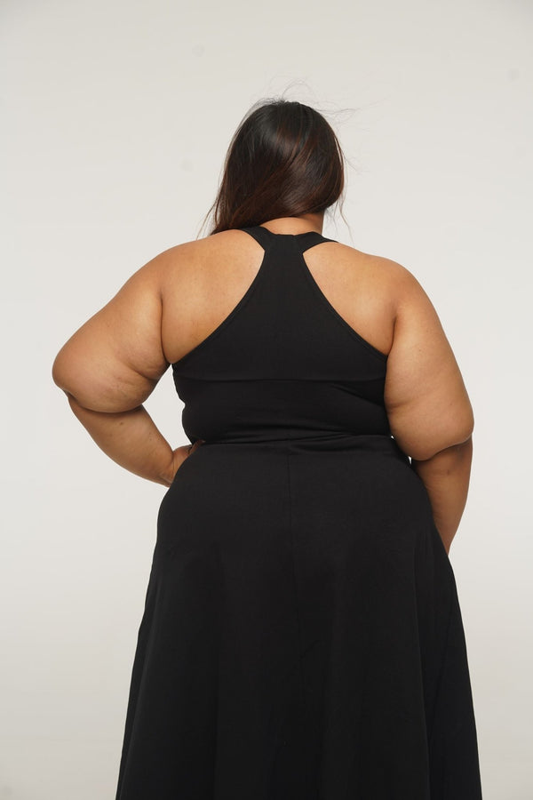 Otta Midi Dress A - Line with Split Tri - Back Thick Strap in Black - Manners London