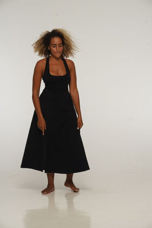 Otta Midi Dress A - Line with Split Tri - Back Thick Strap in Black - Manners London