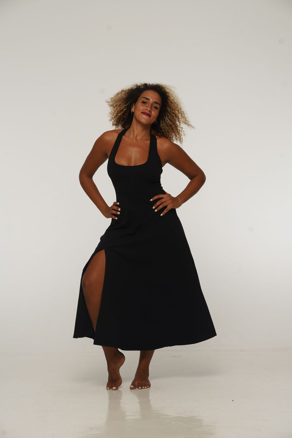 Otta Midi Dress A - Line with Split Tri - Back Thick Strap in Black - Manners London