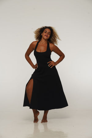 Otta Midi Dress A - Line with Split Tri - Back Thick Strap in Black - Manners London