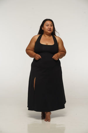 Otta Midi Dress A - Line with Split Tri - Back Thick Strap in Black - Manners London