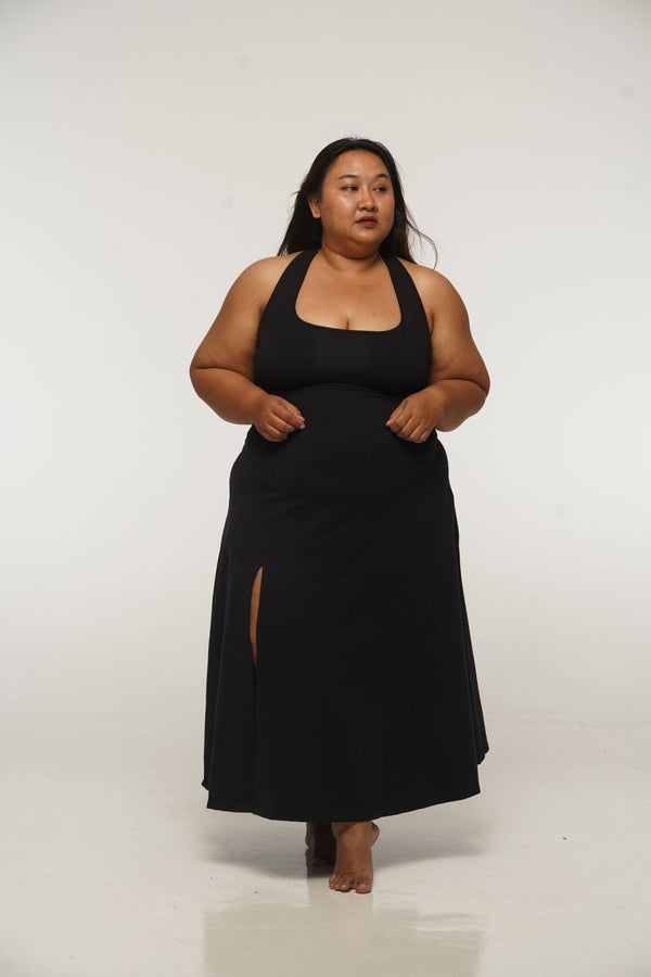 Otta Midi Dress A - Line with Split Tri - Back Thick Strap in Black - Manners London