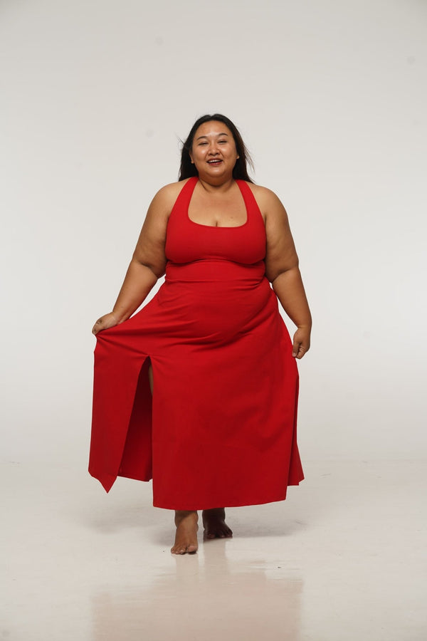 Otta Midi Dress A-Line with Split Tri-Back Thick Strap in Pomegranate Red - Manners London