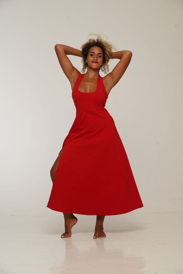Otta Midi Dress A-Line with Split Tri-Back Thick Strap in Pomegranate Red - Manners London
