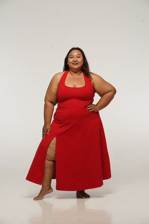 Otta Midi Dress A-Line with Split Tri-Back Thick Strap in Pomegranate Red - Manners London