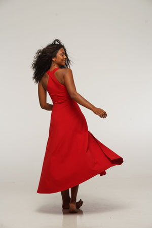 Otta Midi Dress A-Line with Split Tri-Back Thick Strap in Pomegranate Red - Manners London