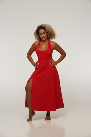 Otta Midi Dress A-Line with Split Tri-Back Thick Strap in Pomegranate Red - Manners London