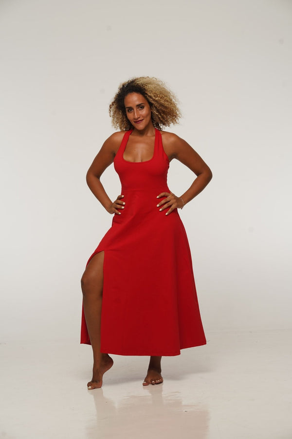 Otta Midi Dress A-Line with Split Tri-Back Thick Strap in Pomegranate Red - Manners London