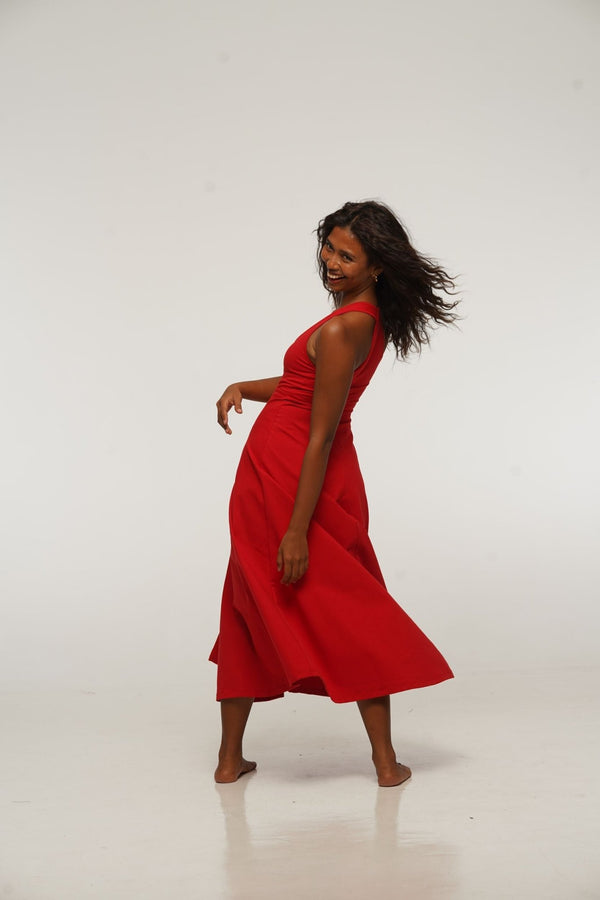 Otta Midi Dress A-Line with Split Tri-Back Thick Strap in Pomegranate Red - Manners London