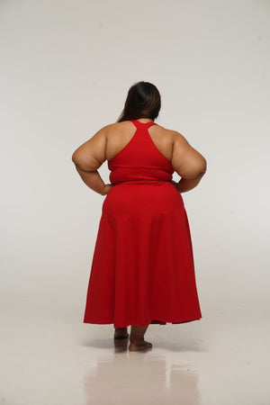 Otta Midi Dress A-Line with Split Tri-Back Thick Strap in Pomegranate Red - Manners London