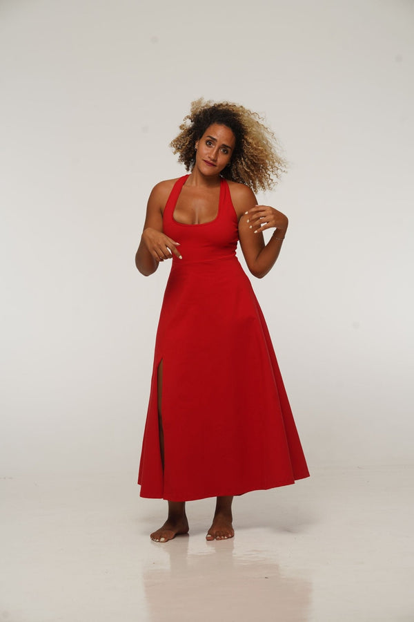 Otta Midi Dress A-Line with Split Tri-Back Thick Strap in Pomegranate Red - Manners London