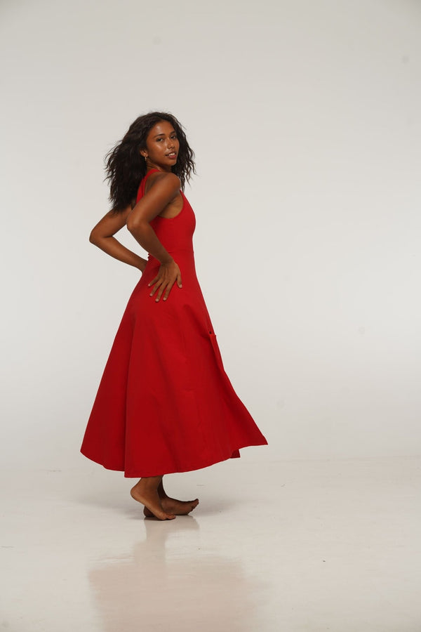 Otta Midi Dress A-Line with Split Tri-Back Thick Strap in Pomegranate Red - Manners London