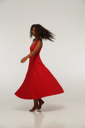 Otta Midi Dress A-Line with Split Tri-Back Thick Strap in Pomegranate Red - Manners London