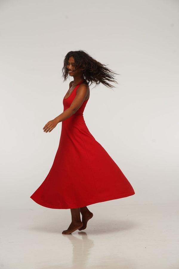 Otta Midi Dress A-Line with Split Tri-Back Thick Strap in Pomegranate Red - Manners London