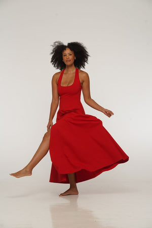 Otta Midi Dress A-Line with Split Tri-Back Thick Strap in Pomegranate Red - Manners London