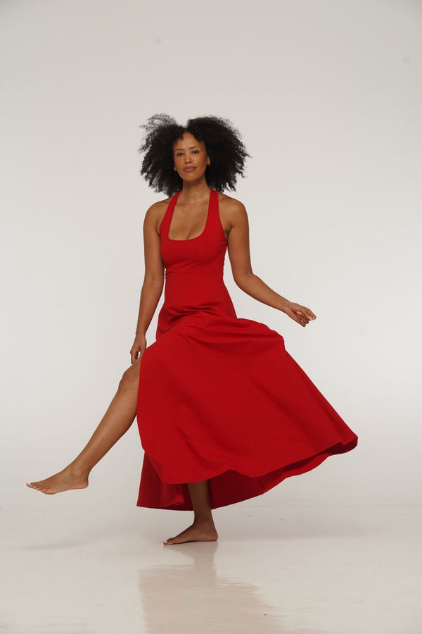 Otta Midi Dress A-Line with Split Tri-Back Thick Strap in Pomegranate Red - Manners London