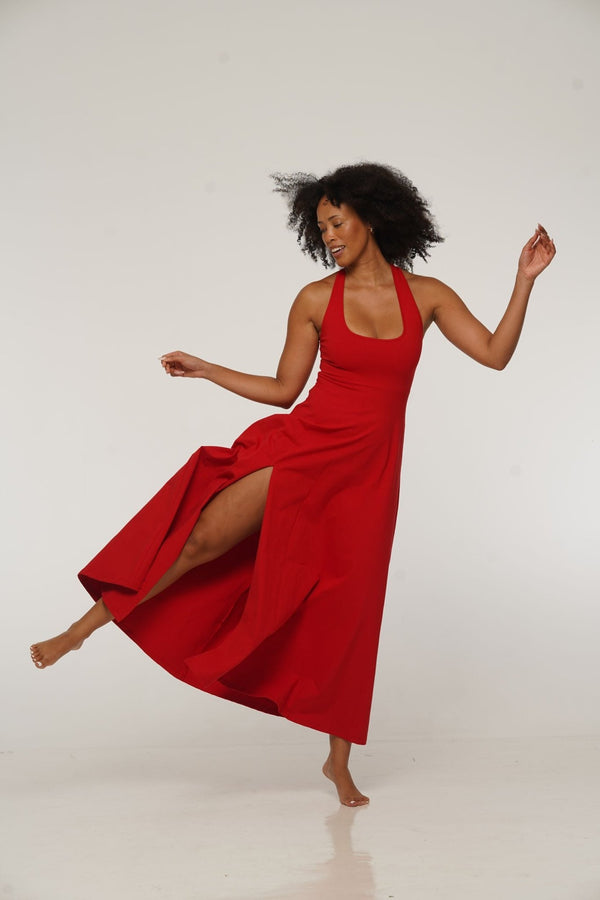 Otta Midi Dress A-Line with Split Tri-Back Thick Strap in Pomegranate Red - Manners London