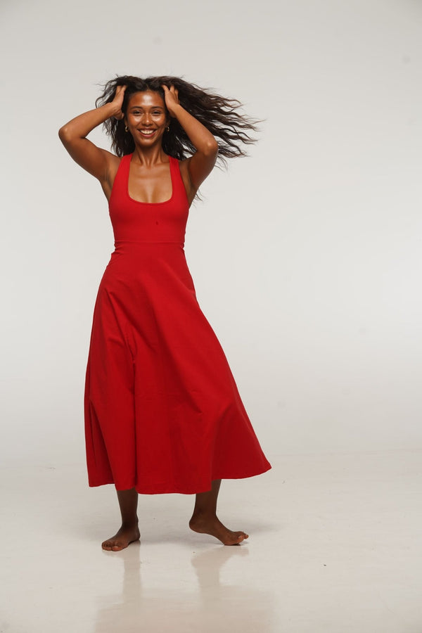 Otta Midi Dress A-Line with Split Tri-Back Thick Strap in Pomegranate Red - Manners London
