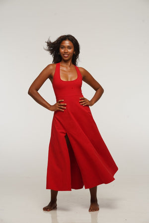 Otta Midi Dress A-Line with Split Tri-Back Thick Strap in Pomegranate Red - Manners London