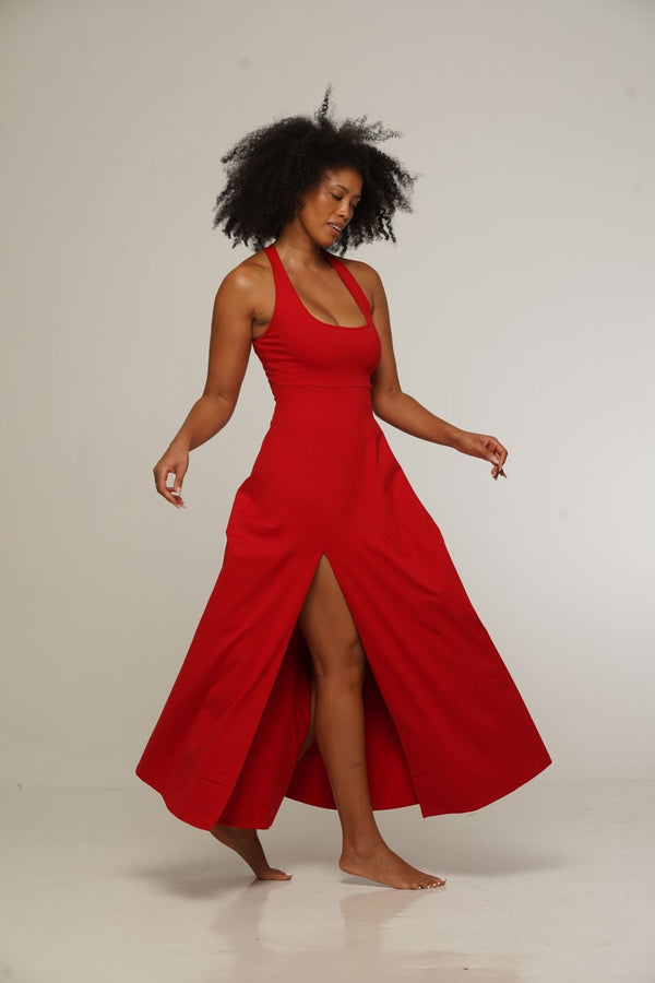 Otta Midi Dress A-Line with Split Tri-Back Thick Strap in Pomegranate Red - Manners London