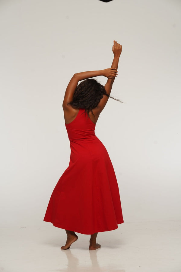 Otta Midi Dress A-Line with Split Tri-Back Thick Strap in Pomegranate Red - Manners London