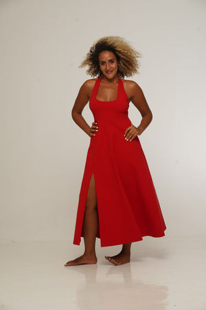 Otta Midi Dress A-Line with Split Tri-Back Thick Strap in Pomegranate Red - Manners London