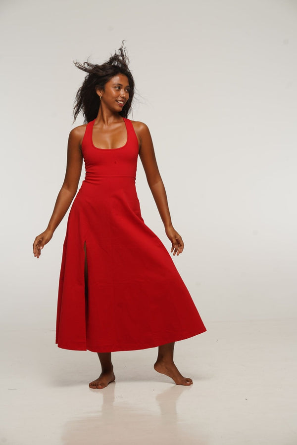 Otta Midi Dress A-Line with Split Tri-Back Thick Strap in Pomegranate Red - Manners London