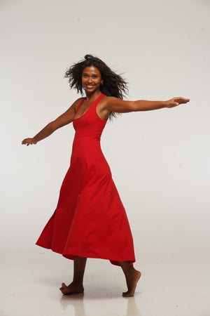 Otta Midi Dress A-Line with Split Tri-Back Thick Strap in Pomegranate Red - Manners London