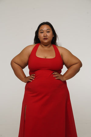 Otta Midi Dress A-Line with Split Tri-Back Thick Strap in Pomegranate Red - Manners London