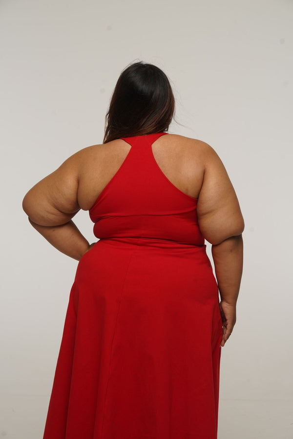 Otta Midi Dress A-Line with Split Tri-Back Thick Strap in Pomegranate Red - Manners London