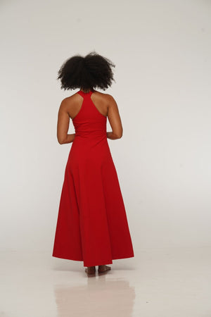 Otta Midi Dress A-Line with Split Tri-Back Thick Strap in Pomegranate Red - Manners London
