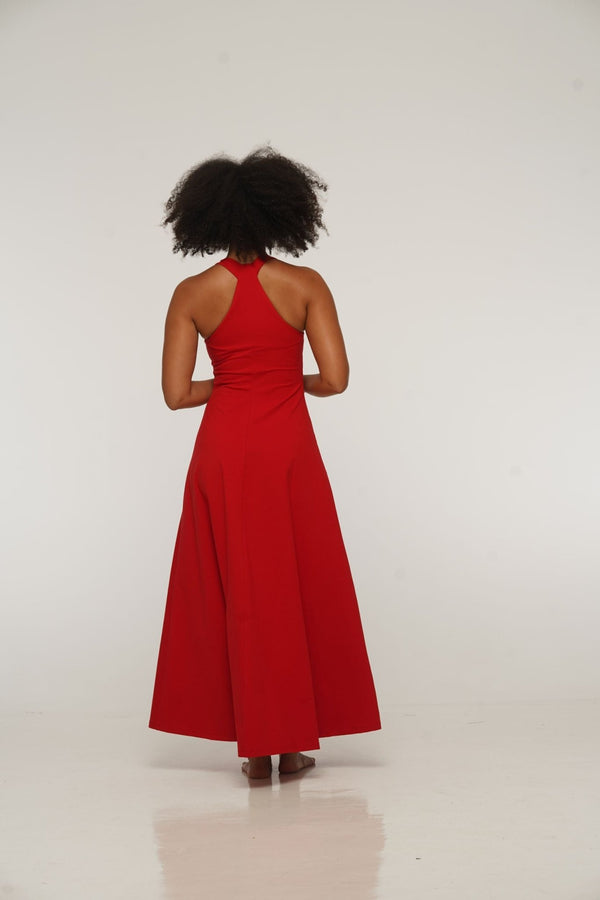 Otta Midi Dress A-Line with Split Tri-Back Thick Strap in Pomegranate Red - Manners London