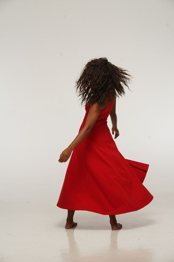 Otta Midi Dress A-Line with Split Tri-Back Thick Strap in Pomegranate Red - Manners London