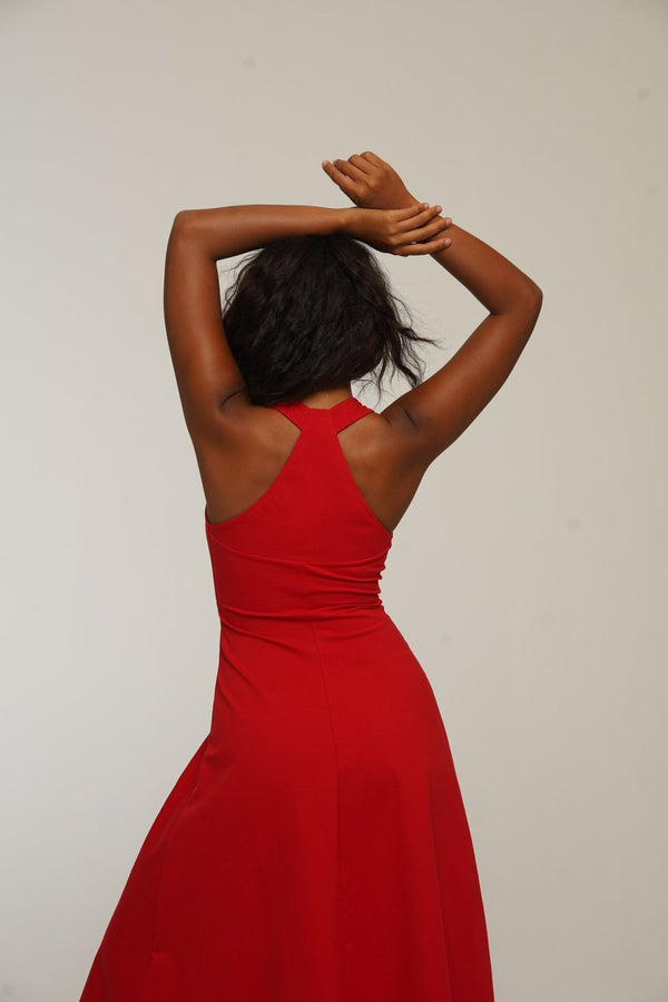 Otta Midi Dress A-Line with Split Tri-Back Thick Strap in Pomegranate Red - Manners London